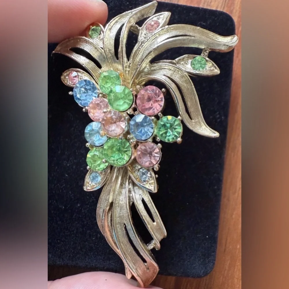 VTG Coro Uranium Glass Colorful Rhinestone Brooch Floral Fruit Gold Tone